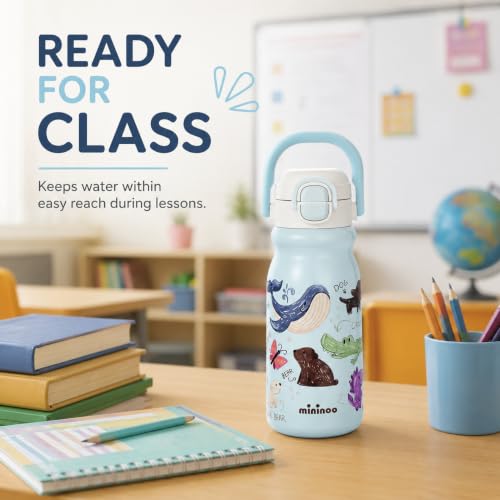 18oz Insulated Stainless Steel Kids Water Bottle for School, Animal | 2-in-1 Straw & Spout Lid, Leak-Proof, BPA-Free, for Girls & Boys, Blue - color: 18oz Light Blue-Animal