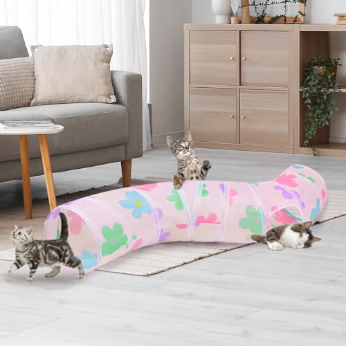Glittme S-Shape Cat Tunnel, Foldable Cat Tunnels for Indoor Cats | Interactive Bunny Tunnel And Cat Tubes With Crinkle Sounds. Ideal For Kittens, Ferrets And Small Pets To Hide, Play Or Rest - color: Apricot flowers