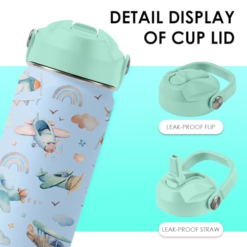 Airplane Gifts - 16oz Kids Blue Airplane Water Bottle with Straw Lid, Stainless Steel Insulated Tumbler, Leakproof, BPA-Free, for Boys, School, Travel - Helicopter Pilot Lovers Birthday Gift Cup (1pc) - color: Helicopter, size: 16 Ounces