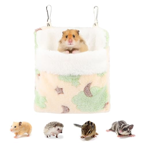 Sugar Glider Sleeping Pouch Hanging Bed for Small Pets, Green | Soft flannel warm & cozy, pouch snuggle design, metal hooks for easy hang, portable, fits hamsters/rats/hedgehogs/squirrels - color: Green