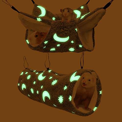 Luminous Noctilucent Glow Guinea Pig Rat Ferret Hideout and Soft Bed, Moon Bunkbed Hammock and Tunnel - color: 1.Moon Bunkbed Hammock and Tunnel