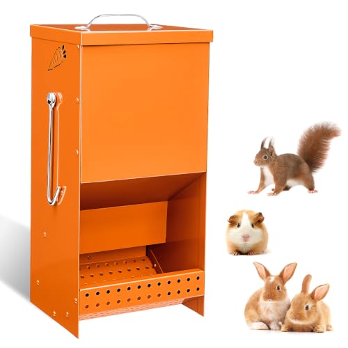 Rabbit Feeders Automatic for Cages,Orange 5 Pound Large Metal Trough Feeder | With Lid Galvanized Steel Outdoor Bunny Food Dispenser for Rabbits Chicken Guinea Pig Pet Other Small Animals