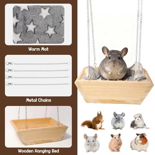 Large Wooden Hanging Bed with Soft Plush Mat for Chinchilla, Hammock for Rat Cage, Guinea Pig Ferret Swing, Small Animal Cage Accessories Resting Nest