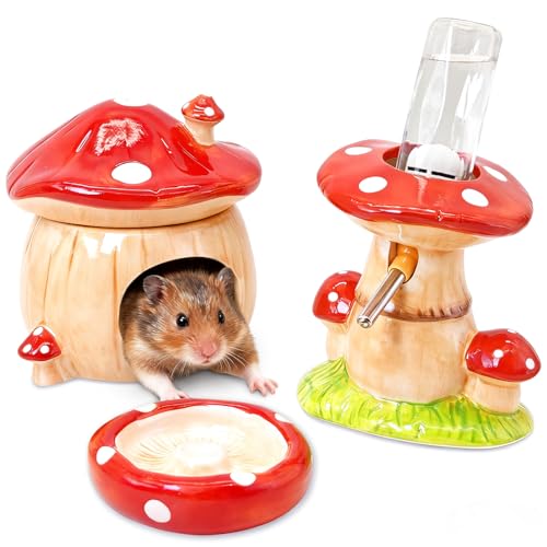 BNOSDM 3-in-1 Ceramic Hamster Hideout, Food Bowl, Water Bottle with Stand - Mushroom Shape - Red - color: Red Hideout Trio