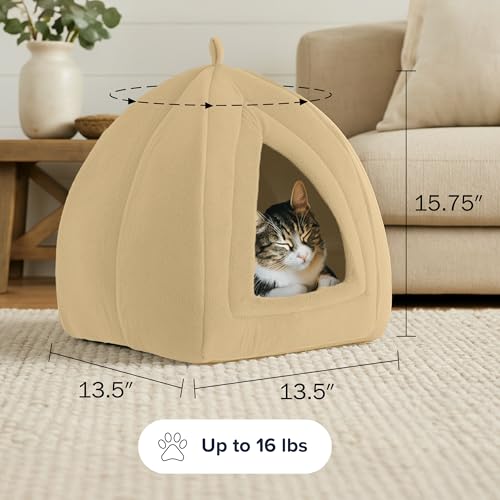 Cat House - Indoor Bed with Removable Foam Cushion - Pet Tent for Puppies, Rabbits, Guinea Pigs, Hedgehogs, and Other Small Animals by PETMAKER (Tan) | Plush Cat Tent Bed for Small Kittens, Rabbits, Guinea Pigs, and Other Small Animals, Comfortable Cozy P