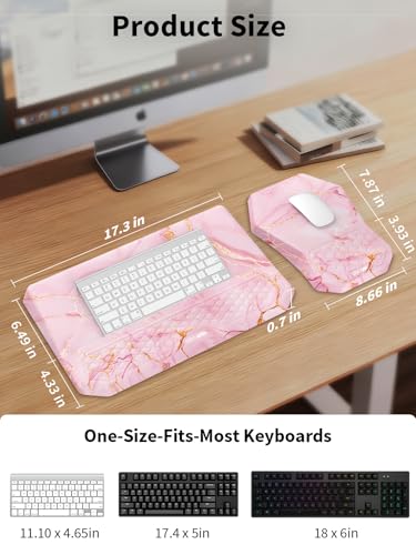 3-in-1 Ergonomic Keyboard Stand with Wrist Rest & Mouse Pad Set,Pink Marble | Comfy Keyboard Riser Holder Soft Mousepad with Massage Design, Memory Foam and Non-Slip PU Base for Pain Relief - color: Pink Marble