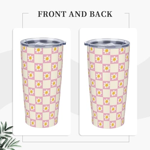 Checkerboard Daisies Tumbler with Lid and Straw Checkered Floral 20oz Insulated Stainless Steel Cup Flowers Travel Coffee Mug Water Bottle for Women Gift for Birthday Christmas - color: Pink Beige
