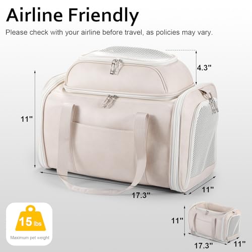 Premium Leather Top Expandable Pet Carrier for Small Dogs & Cats Under 15 lbs, Airline Approved Collapsible Soft-Sided Luxury Travel Bag Beige - color: Beige
