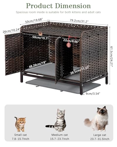 SETVSON Cat Litter Box Enclosure Furniture with Divider, Cat Cabinet, Brown | Handwoven PE Rattan with Soft Litter Mat, 3.54-In Heightened Metal Feet, Spacious & Comfortable, 31.2 x 19.6 x 24.2 In - color: Brown