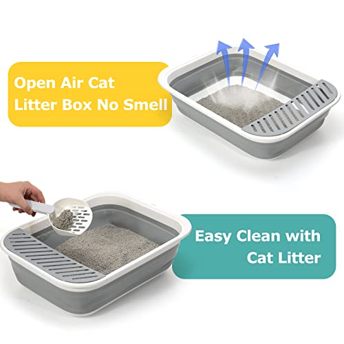 Foldable Cat Litter Box, Large Height-Adjustable Anti-Splash Open Air Kitty Litter Pan, Easy Clean with Scoop (Gray) - color: SMALL GRAY