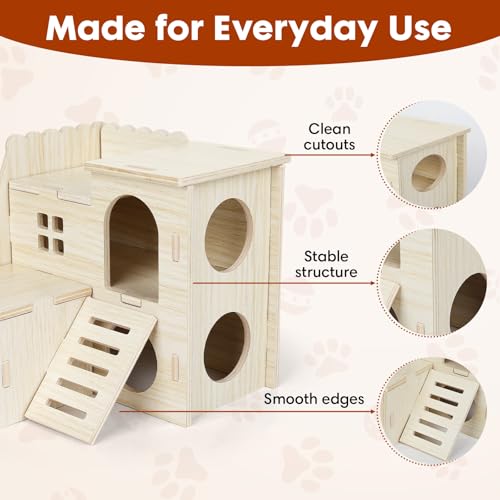 YooxArmor Wooden Hamster Hideout Maze, Natural Wood House with Climbing Ladder, Small Animal Habitat for Dwarf Campbell Robo Hamsters Gerbils