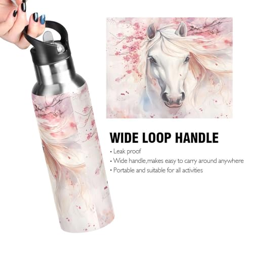Horse Cherry Blossom Girls Water Bottle Insulated Sports Vacuum Stainless Steel Mug with Straw Lid & Handle 20 oz - color: D16