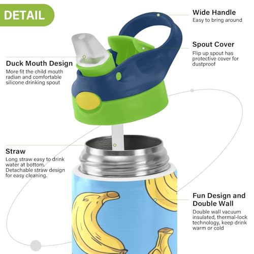 OTVEE Banana Kids Water Bottle with Straw Lid 12 oz Insulated Stainless Steel Leakproof Duck Mouth Tumbler Cup for Boys Girls Teen School - color: Banana