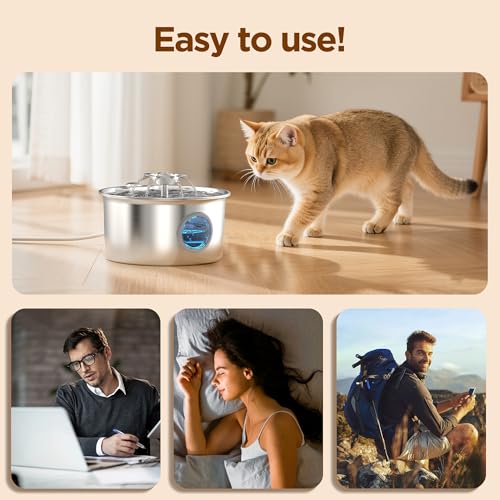 Stainless Steel Cat Water Fountain: 88oz/2.6L Pet Fountain for Drinking | Water Fountain for Cats Inside with Flower Quiet Cat Dispenser Kitty Drinking Fountain Indoor - Gifts for Pets, Small Animals