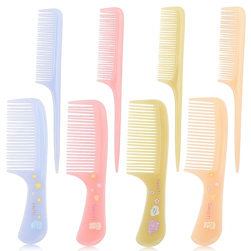8Pcs Baby Hair Comb Set with Cute Bear Pattern, Safe Rounded Tooth Toddler Hair Brushes & Rat Tail Combs for Kids, 4 Color Cute Infant Grooming Kit for Girls & Boys,Travel Friendly