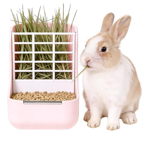 Rabbit Hay Feeder Guinea Pig Feeder, 2 in 1 Automatic Small Animal Food Bowl Feeding Cage Accessories 5.91''L x 6.69''W x 7.09''H (Pink) - color: Pink