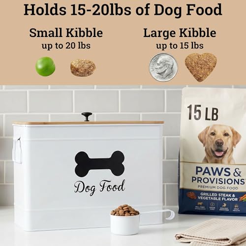 Metal Dog Food Container 15-20 lbs w/ Airtight Bamboo Lid, 70 Cup Capacity | Pet Jar For Dogs up to 100lbs, Airtight Bamboo Lid, Sturdy Comfortable Metal Handle, Powder Coated Iron, Kibble Storage Bin - color: White