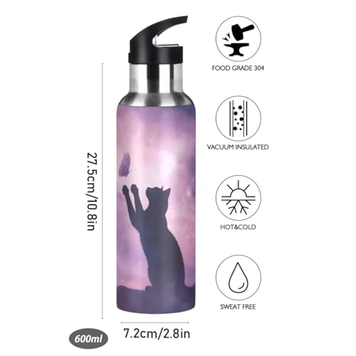 Cat Water Bottle for Kids Cat Stainless Steel Water Bottle with Straw Lid Cats Theme Purple Galaxy Flask Leakproof for School 20 oz - color: Purple1