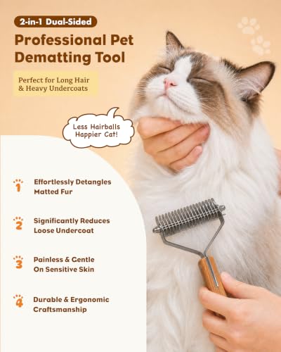 2-in-1 Cat Grooming Brush for Dematting & Deshedding | Cat Brushes for Indoor & Long Haired Cats - Professional Undercoat Rake, Safe Detangles Matted Fur & Removes Loose Fur