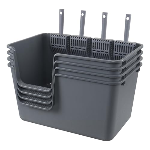 4 Packs Large Open Top Cat Litter Box, High Sides Cat Litter Pan, Anti-Splash & Low Entry, Including 4 Cleaning Scoops for Multiple Cats, Large Breed, Gray
