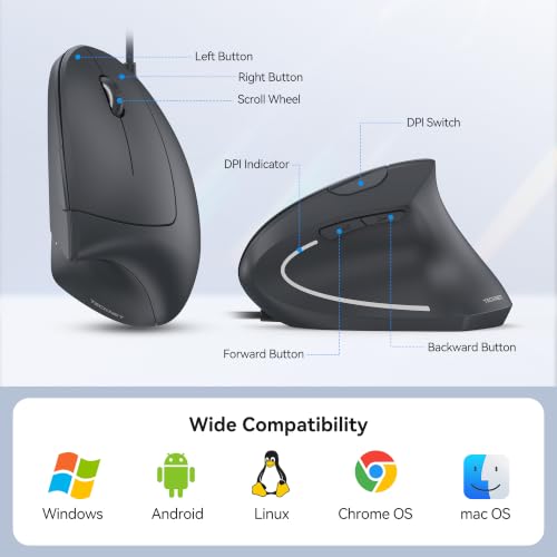 TECKNET Wired Mouse, Comfortable Ergonomic Mouse with 6400 DPI | Plug & Play, 4-Level Adjustable DPI, Silent Click, Vertical Mouse Compatible with Laptop/PC/Windows/Chromebook - color: Grey