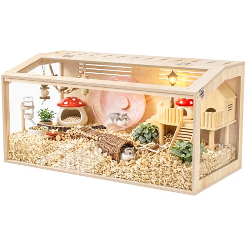 XiaZ Large Hamster Cage,40Inch Hamster Cage with Panoramic View and Ventilated Top, Spacious Acrylic Glass Habitat for Syrian Dwarf Hamsters and Degus, Natural Wood Frame Enclosure - size: 40.0"L x 20.0"W x 20.0"H
