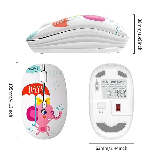 FMOUSE Cute Cartoon Silent Wireless Mouse, Dual Mode Bluetooth & USB 2.4G | Pink Elephant Pattern, Ideal for Kids Students & Office Use | AA Battery Powered | Compatible with Laptop Mac iPad Tablet PC - color: Pink Elephant