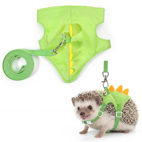 Dinosaur Shaped Harness and Leash Set, Adjustable Small Animal Harness for Hedgehog, Ferret, Guinea Pig, Hamster, Soft Plush Material, Safety Bell, Green