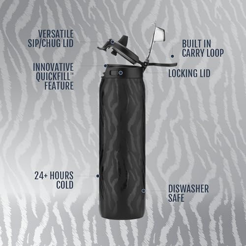 Ello Pop & Fill Insulated Stainless Steel Water Bottle with Quick Fill Lid, Leakproof Locking, Sip or Chug Spout, BPA-Free, Double Wall Vacuum Insulated for Sports, Travel & School- 22oz / 32oz / 40oz - color: Zebra, style: 22oz