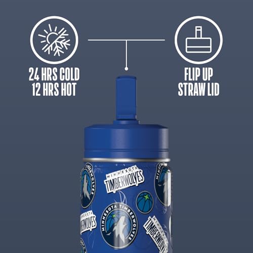 Hydrapeak NBA Officially Licensed Minnesota Timberwolves Mini 14oz Kids Stainless Steel Water Bottle with Straw Lid & Flexible Handle, Double Wall Insulated, Spill Proof, Perfect for Back to School - color: Minnesota Timberwolves