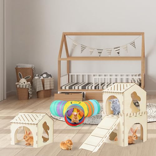 Extra Large Sturdy Rabbit Hideout with 3 Way Tunnels, Wooden Bunny Castle with Stairs, Rabbit Hideout Castle Tower Toys for Indoor Outdoor Play - color: -Natural -01