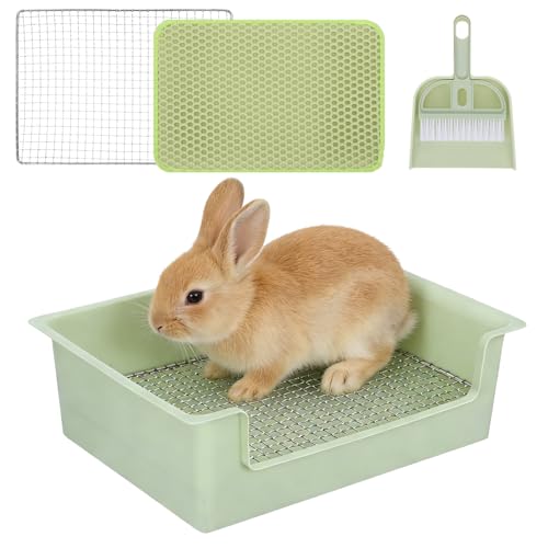 Guinea Pig Litter Box, Rabbit Litter Box, Low-Entry Plastic Bunny Litter Pan with Steel Grids and Broom, Small Animal Training Potty Animal Bedding Toilet for Hamster Chinchilla Guinea Pigs