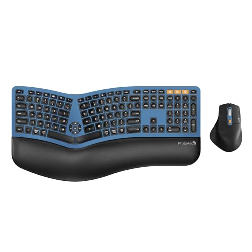 ProtoArc EKM01 Plus Wireless Ergonomic Keyboard Mouse Combo - Blue | Full-size Split Keyboard with Cushioned Wrist Rest, Ergonomic Mouse, 3-Device Bluetooth/2.4G, USB-C Rechargeable - color: Blue