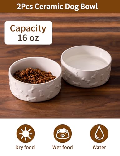 UBEE Ceramic Dog Bowl Set of 2, 5.1 inch Dog Food Bowl, Pet Food Water Dish Feeding for Small Dogs and Large Cat, Bone Pattern, 5.1 in-Small, White - size: 5.1 in-Small