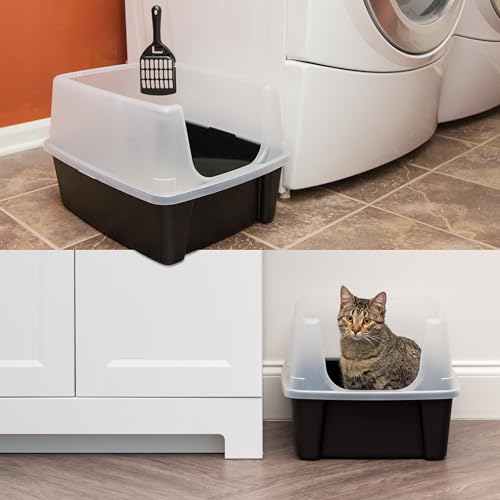 IRIS USA Large High Sided Cat Litter Box, Scatter Shield, Black | Active Cats, Tall Wall Protection, Kick-Proof Sides, Extra Deep Pan, Easy Daily Scoop, Keeps Floor Clean - color: Black, size: Open Top - 2 Pack