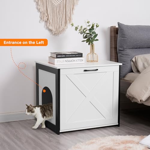 Dwanton Cat Litter Box Furniture Hidden, Cat Litter Box Enclosure, Reversible Entrance Can Be on Left or Right Side, Indoor Cabinet, Wooden Washroom, End Table, Nightstand, White, 23.6" L - color: White, size: 23.6 x 19.7 x 21.7 Inches