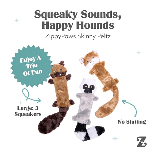 ZippyPaws Skinny Peltz No Stuffing Dog Toy Pack to Keep Them Busy - 18" | For Medium and Large Dogs, Squeaky Pet Toys, Unstuffed Chew Toys, Soft Plush Variety Pack, Chipmunk, Lemur, and Monkey - style: Chipmunk, Lemur, Monkey - Large (3-pack)