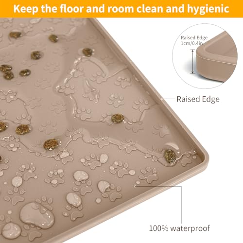 Ptlom Dog Food Mat Anti-Slip Bowl Mats for Food and Water, Waterproof Silicone Pet Placemat with High Raised Edges, Non-Slip Puppy Feeding Tray for Small, Medium Large Cats Dogs, Taupe, 11.8"x11.8" - color: Taupe, size: 11.8"L x 11.8"W