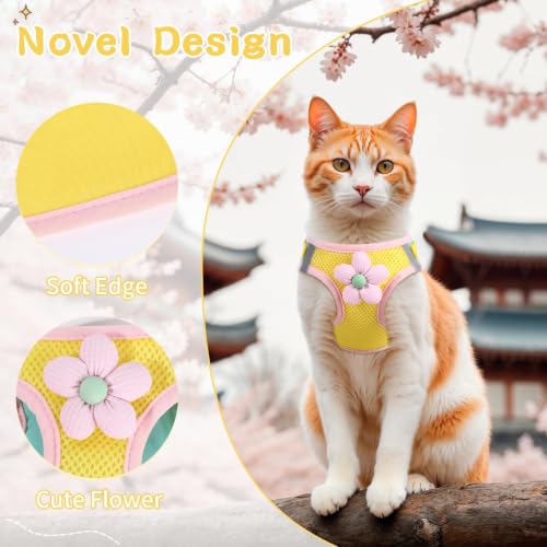 Cat Harness and Leash Set, Escape Proof Soft Vest Walk Yellow XS | Adjustable, Easy Wear, Breathable Comfy Mesh, Reflective Strips, Sturdy Clip Buckle Flower Harness for Cats Kitty Puppy Bunny - color: Lemon yellow, size: Extra Small