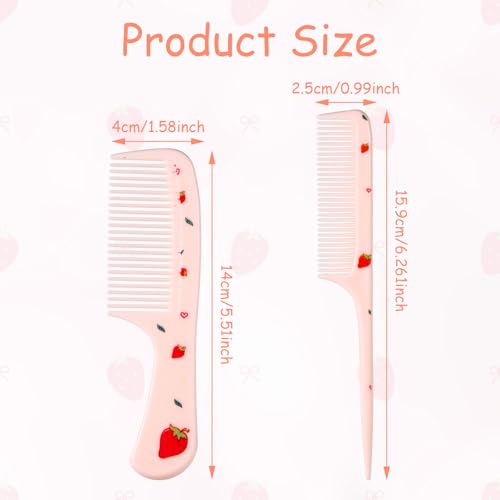 2pcs Baby Hair Comb Set, Pink Strawberry Mini Fine Tooth & Rat Tail Comb | Cute, Tiny, Small, Plastic, Parting Combs for Toddler Women Girls Kids All Hair Types, Hairbrush Tools Accessories - style: Strawberry