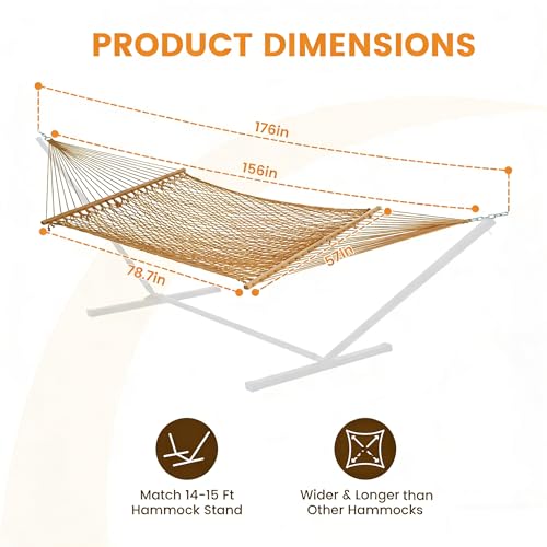 Lazy Daze 13 Ft Double Handwoven Polyester Rope Hammock with Tree Straps | Mesh Hammock for 2 Person, with Spreader Bar, Carabiners, Chains for Outside, Backyard, Patio, 450 Lbs Capacity - color: Tan