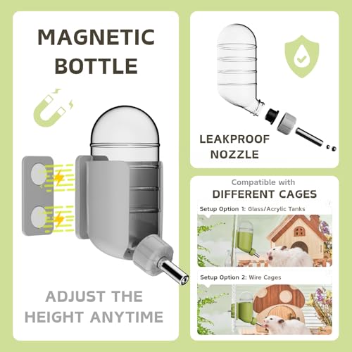 Magnetic Hamsters Feeding Set Freestanding Water Bottle Food Bowl for Glass Tanks, Suitable for Syrian Dwarf Hamsters Gerbils Mice Rats Degus (Gray, Magnetic-Mounted) - color: Gray