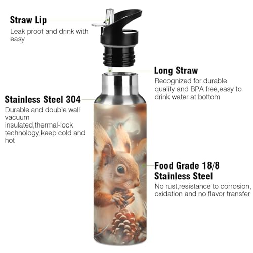 Cute Squirrel Water Bottle Kids Insulated Sports Vacuum Stainless Steel Mug with Straw Lid & Handle 20 oz - color: C330