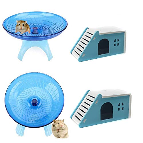 Hamster House Wood Bridge Climb Kit and Exercise Wheel Jogging Running Silent Spinner Flying Saucer Pet Syrian Rat Gerbil Guinea Pig Chipmunk Mouse Parakeet Small Animals - color: blue