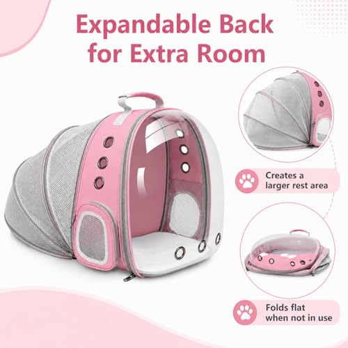 Expandable Cat Carrier Backpack with Bubble Window, Pink | Breathable mesh, anti-collapse frame, side door, safety leash and escape-resistant zippers for vet visits and outdoor travel. - color: Pink