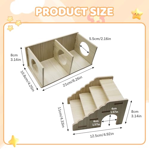 2-Chamber Hamster Tunnel & Wooden Climbing Ladder Bridge，Wooden Hamster Hideout with Ladder for Dwarf Syrian Hamsters Gerbils Mice or Other Small Pets