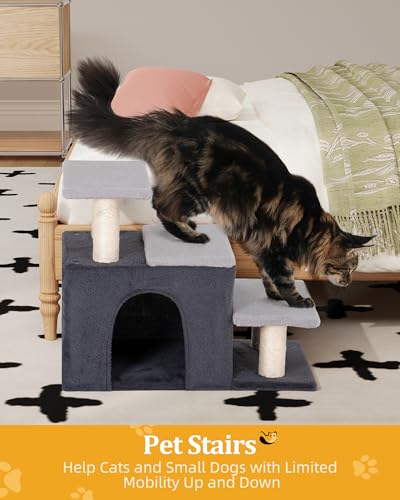 Aechonow 3-in-1 Pet Stairs for Cats, Dog Steps for Doggie Rabbits, Large | 7.8'' Depth Cat Stairs,Indoor Cat Steps for High Bed for Pet's Joints, Soft Plush, 1 Big Cat Condo Cave, Sisal Scratcher,Grey - size: Large-Gray