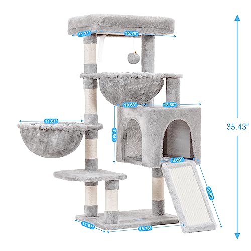 Hey-brother Cat Tree Tower with Large Bed, Hammocks, Scratcher, MPJ006SW | 35.4 Inches Cat House with Cozy Condo, Sisal Scratching Posts for Indoor Cats, Light Gray - color: Light Gray, size: 35.4 inch