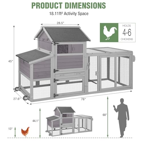 Mobile Chicken Coop with Wheels for 4-6 Chickens, Large Wooden Hen House Duck Cage with Run, Nesting Box, Easy Clean Pull-Out Tray, Waterproof Asphalt Roof - Grey, 78" L x 27.6" W x 45" H - size: 78.0"L x 27.6"W x 45.0"H