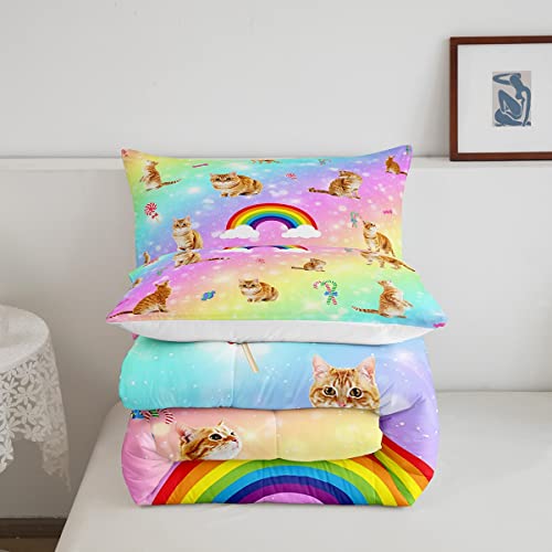 Erosebridal Cat Comforter Set, Starry Sky Bedding Set Queen for Girls Kids Boys Bedroom Decor, Rainbow Galaxy Down Comforter, Soft Breathable Microfiber Quilted Comforter with 2 Matching Pillowcases - color: Multi 38, size: Queen